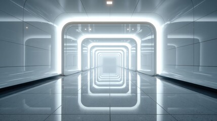 Fototapeta premium Futuristic Corridor with Seamless White Panels and Bright LED Lighting, Creating a Modern and Clean Aesthetic
