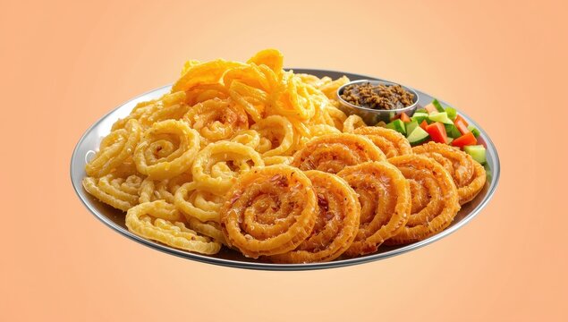 Fafada with sweet jalebi, chili, and sambhara on the plate
