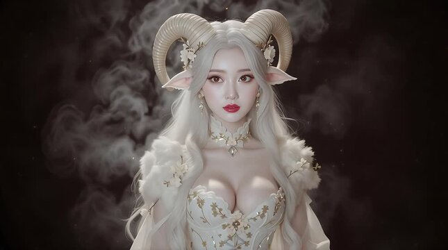 White Corset Gown Wearing 3D Anime Demon Woman with Big Chest Long Silver Hair Ram Horns Elf Ears Serious Expression on Dark Smoky Black Background Animation for Fantasy