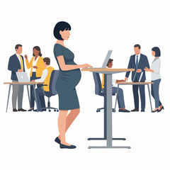 Obraz premium Pregnant woman working at standing desk in modern office environment.