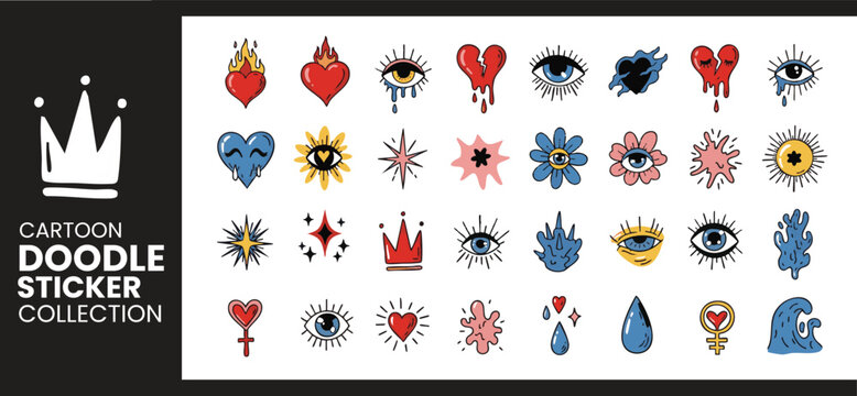 Cartoon Doodle Sticker Collection with Retro Tattoo Style Hearts Eyes and Magic Symbols