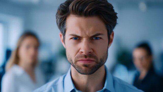 A man expressing intense frustration and anger in a professional setting, showcasing strong emotions while other individuals are blurred in the background.