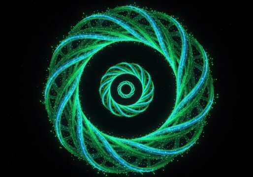 Intricate fractal pattern resembling a glowing green and blue mandala or portal against a black background