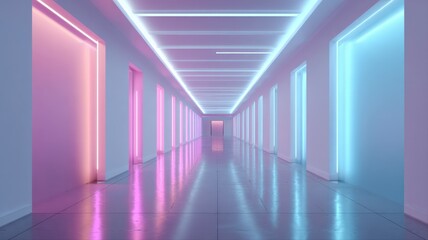 Fototapeta premium Illuminated Modern Hallway with Symmetrical Doors and Reflective Floor, Representing Opportunities, Choice, and Endless Possibilities