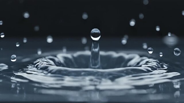 Slow motion capture of a single water drop falling into a ripple