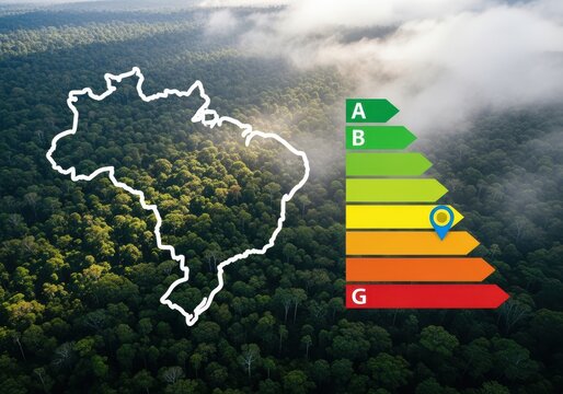 Outline map of brazil over a lush rainforest with an energy efficiency rating scale, indicating environmental performance