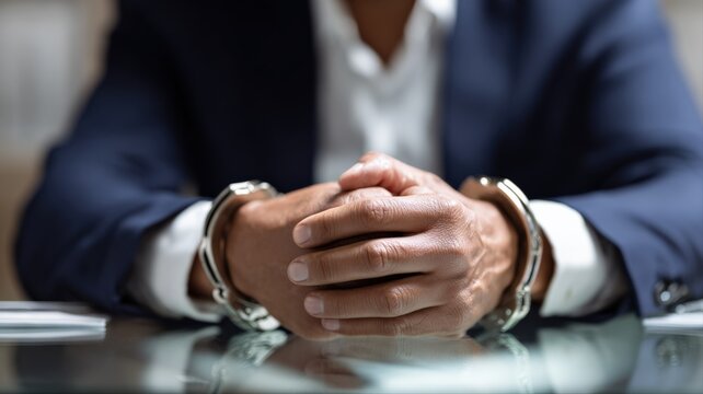 Arrested businessman in handcuffs with hands on the table representing corporate crime and legal consequences