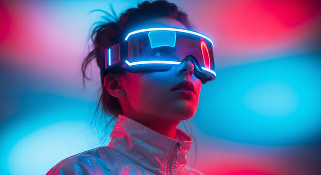 Cyberpunk portrait of a futuristic woman wearing glowing neon augmented reality visor