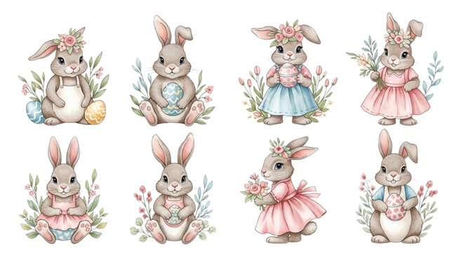 Watercolor Easter Bunny Characters with Eggs and Floral Elements Cute Spring Clipart Set