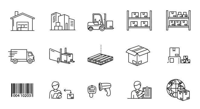 Industrial icons and warehouse symbols.