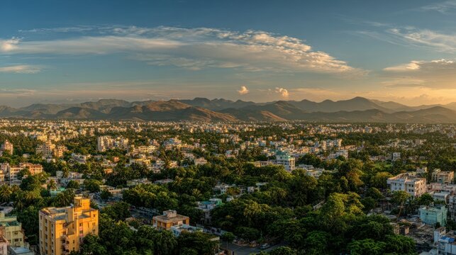 View of gu voltage city skyline with modern high-rise buildings, lush green parks, and distant mountains during sunset, showcasing urban development and natural landscape