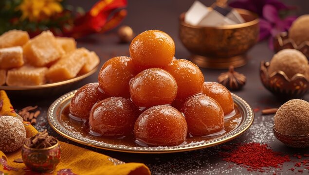 Gulab Jamun, a traditional Indian sweet, coated in sugar or syrup