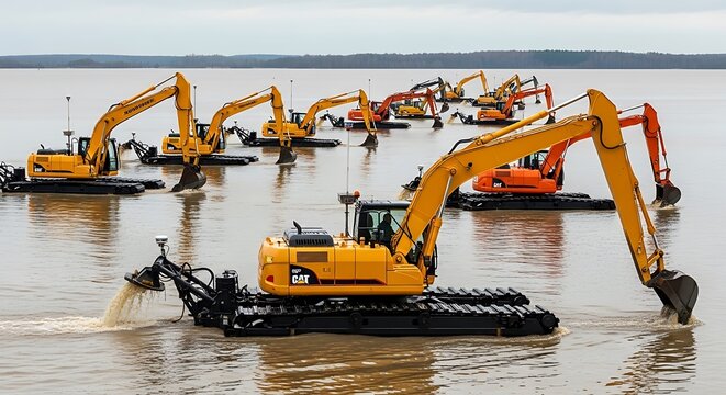 Multiple yellow excavators dredging in a large body of water under an overcast sky.