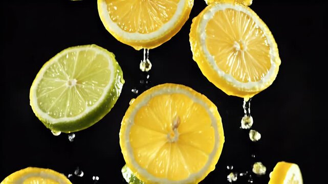 Sliced lemons and limes with water droplets fall against a black background
