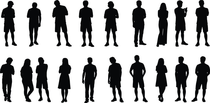 people silhouettes set, standing men women collection, black isolated human figures, casual poses, social crowd, diverse characters, modern lifestyle concept