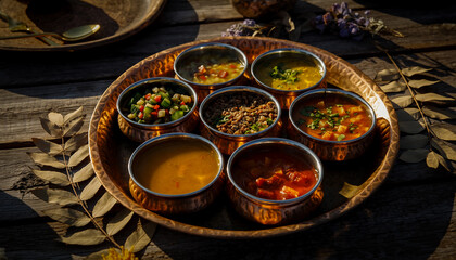 Fototapeta premium Detailed 4K Heritage Shot of a Traditional Feast with Glistening Copper Dinnerware