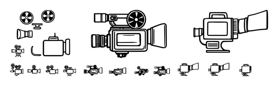 Video camera icons set with clean minimalist line art design featuring camera icons, movie sign, cinema with vector and digital