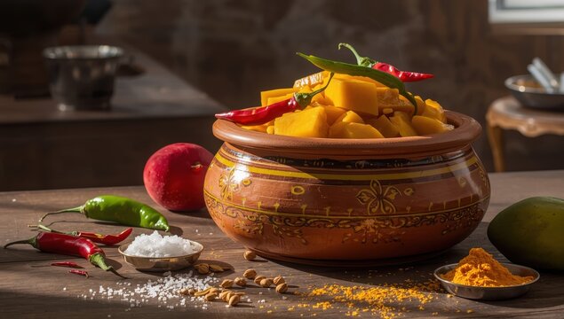 Homemade mango achar or kairi loncha kept in a clay pot with ingredients