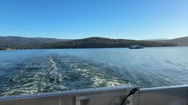 A ship journey from Tasmania to Bruny island Australia. Traveling from Kettering Ferry Terminal to Roberts Point Ferry Terminal, North Bruny.