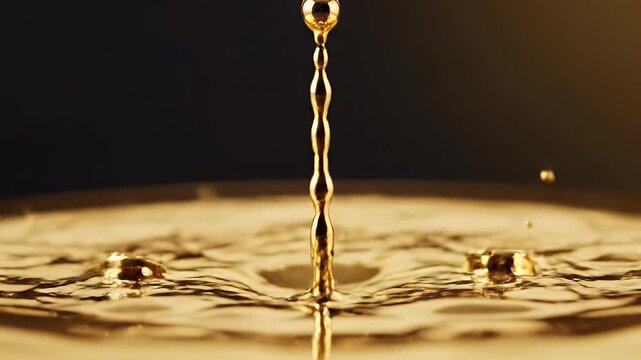 Golden liquid splashes into a crown shape with airborne droplets