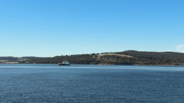 A ship journey from Tasmania to Bruny island Australia. Traveling from Kettering Ferry Terminal to Roberts Point Ferry Terminal, North Bruny.