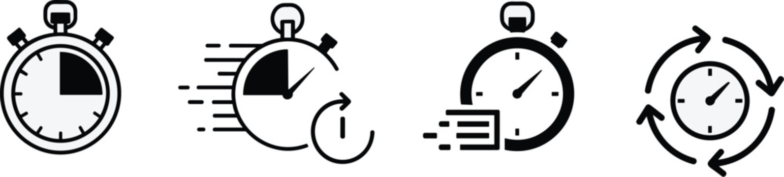 Four black and white stopwatch icons depicting time passing and measurement stages high quality professional detailed