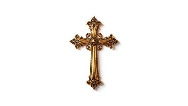 Isolated vintage gold Christian cross on white
