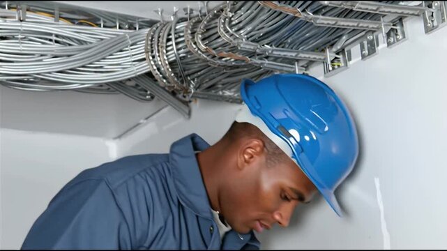 Skilled electrician in work uniform inspects and repairs complex overhead conduit system with electrical wiring demonstrating expertise in building maintenance and infrastructure projects