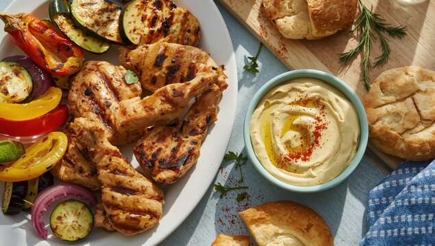 Israeli lunch featuring chicken, grilled veggies, hummus, and pita