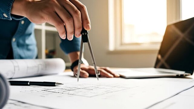Precision Design: An architect's steady hand guides a compass across blueprints, embodying the intricate process of bringing visions to life.