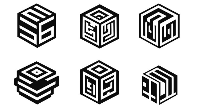 Six abstract black and white cube designs on white background, geometric shapes, optical illusion
