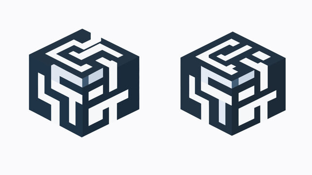 Two isometric cubes, each featuring an intricate, repeating abstract pattern with light blue and dark blue