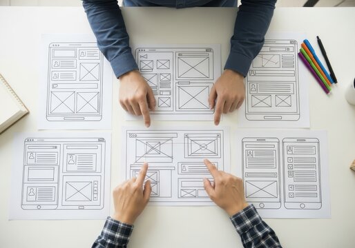 Top view of two people discussing website wireframes and user interface design