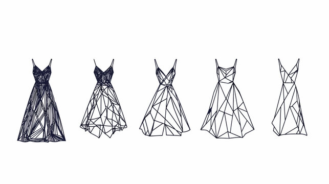 Stylized line art image featuring five different sleeveless dresses in various geometric forms