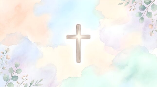 Shining Cross on Pastel Watercolor Background with Floral Accents.