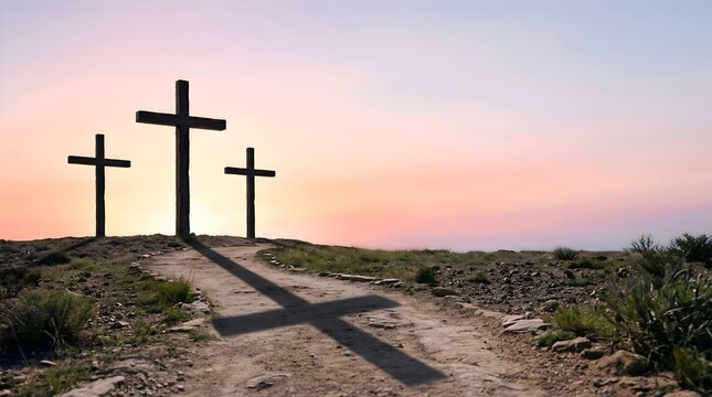Three crosses on a hill at sunset with long shadows.