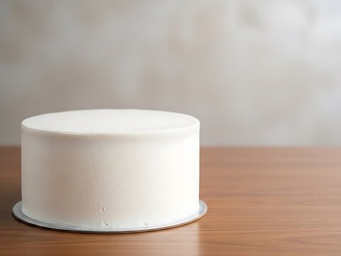 Elegant minimalist white cake ready for customization against serene backdrop
