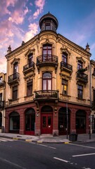 Obraz premium Ornate corner building at dusk, featuring a turret and balconies