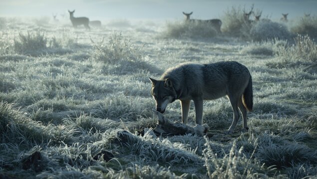 Lone wolf gnawing a bone in icy grass at dawn, surrounded by a still, tense ambiance