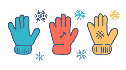 Fototapeta premium Colorful illustrated winter gloves. Includes snowflakes. Stylized handwear in vibrant colors
