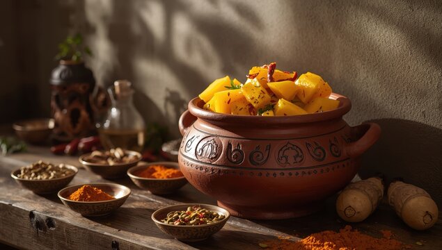 Mango pickle or aam ka achar Kairi Loncha kept in a clay pot with ingredients