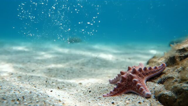 Underwater scene with a starfish on a sandy seabed, sunlight dappling through bubbles