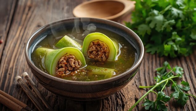 Minced pork soup with stuffed bitter gourd on wooden surface