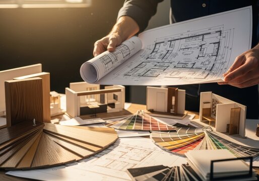 Architectural design process with blueprints, models, and material samples on a table