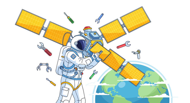 Astronaut repairing satellite in outer space above Earth.