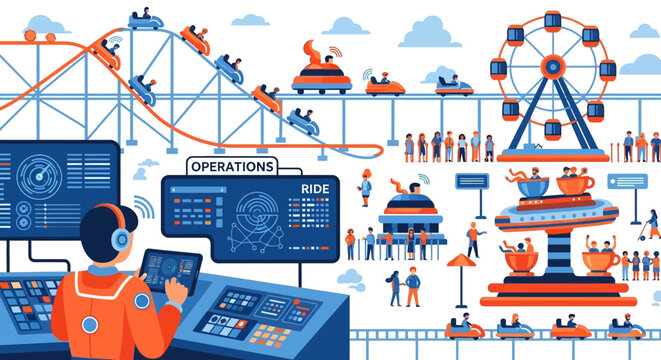 Amusement Park Operations Control Center Monitoring Rides.