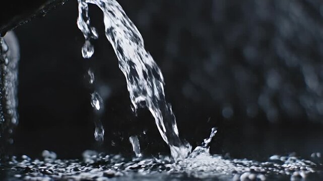 A stream of clear water cascades and splashes against a dark background