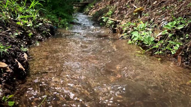 A shallow forest stream winds through grassy banks and rich soil, sunlight sparkling on the flowing water. 