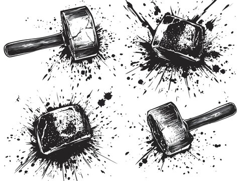 A grayscale, ink-splattered graphic depicting a hammer with different perspectives on white backdrop