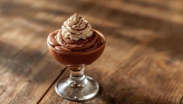 Cocoa dessert in a glass on a wooden table